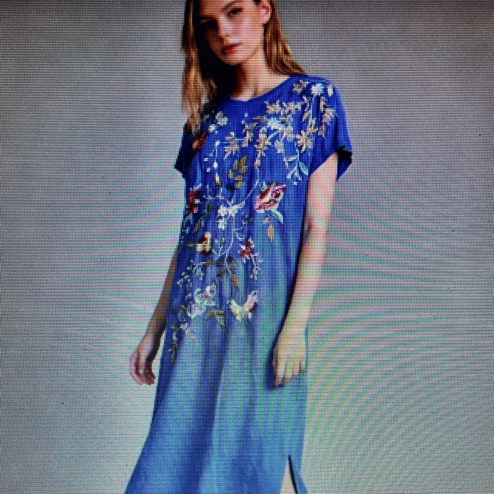 Blue Embroidered Floral Midi Dress